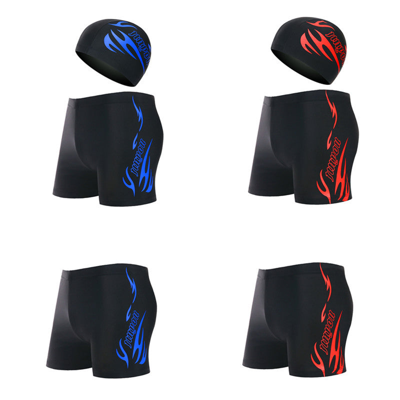 Adult Men's Professional Swim Gear Set - Flame Print Swim Trunks & Cap