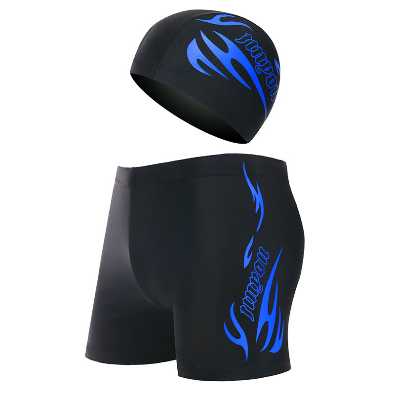 Adult Men's Professional Swim Gear Set - Flame Print Swim Trunks & Cap