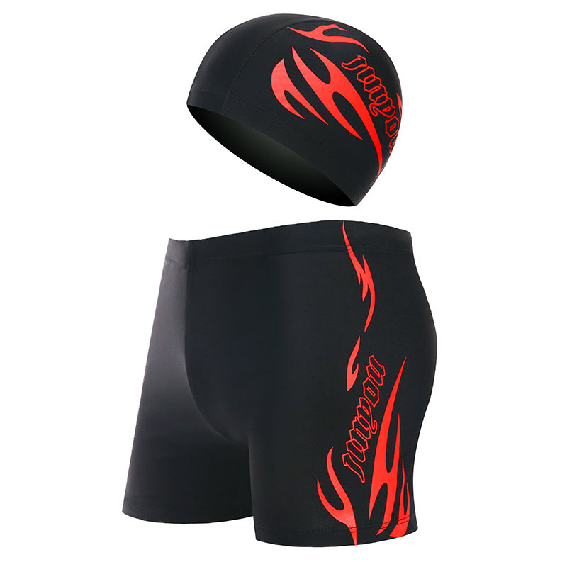 Adult Men's Professional Swim Gear Set - Flame Print Swim Trunks & Cap