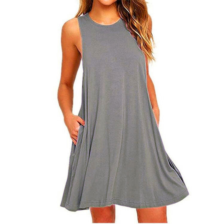 European Style Sleeveless Vest Dress - Women's Summer Fashion, Solid Color, Pocket Detail