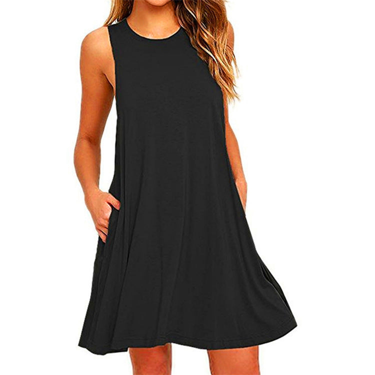 European Style Sleeveless Vest Dress - Women's Summer Fashion, Solid Color, Pocket Detail