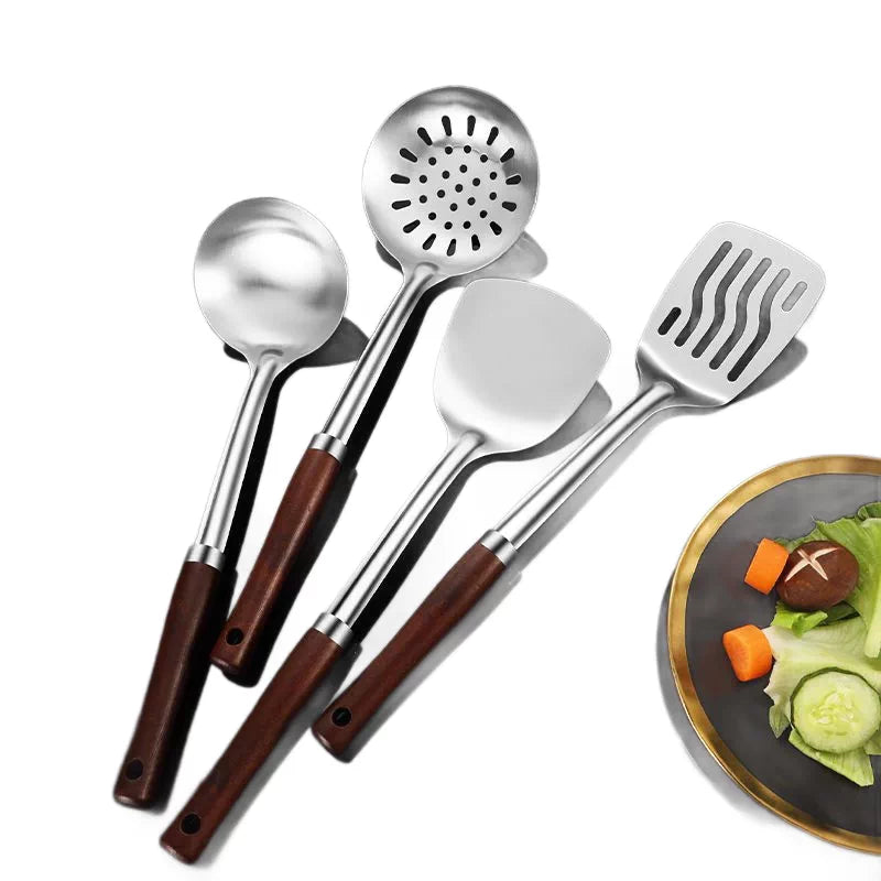 Stainless Steel Utensil Set - Heavy-duty Construction, Heat-proof Handles, For Stir-frying, Cooking, and Serving (