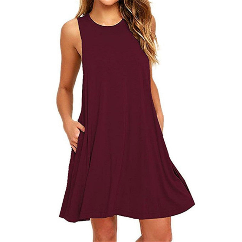 European Style Sleeveless Vest Dress - Women's Summer Fashion, Solid Color, Pocket Detail